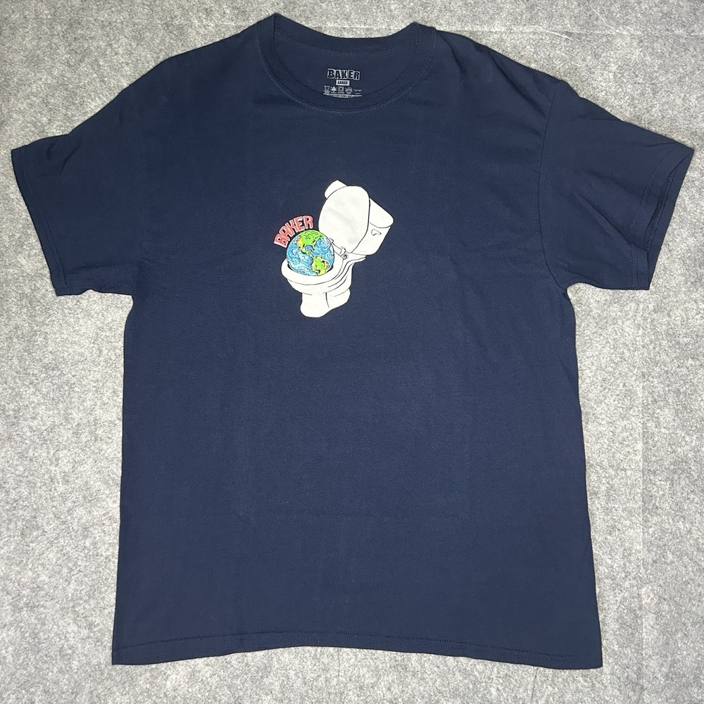Baker Skateboards Mens Large Navy Blue Toilet Flush Earth T Shirt